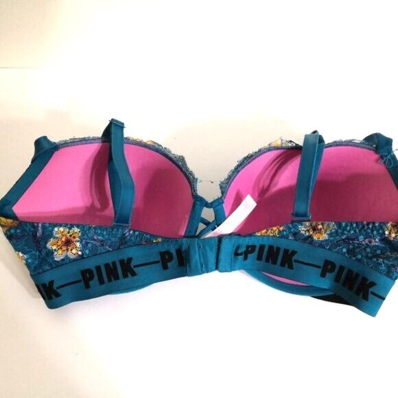 Victoria Secret Pink Date Push-up Strappy Padded Blue Floral Lace Bra 36DD - Picture 3 of 7